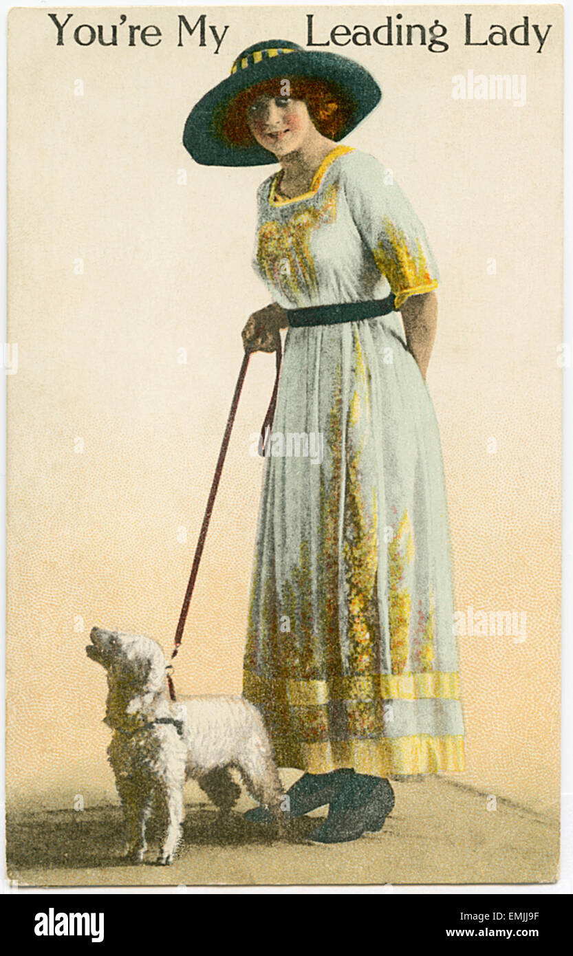 Little girl with a dog on a country road Forest Field Landscape Russian Postcard 