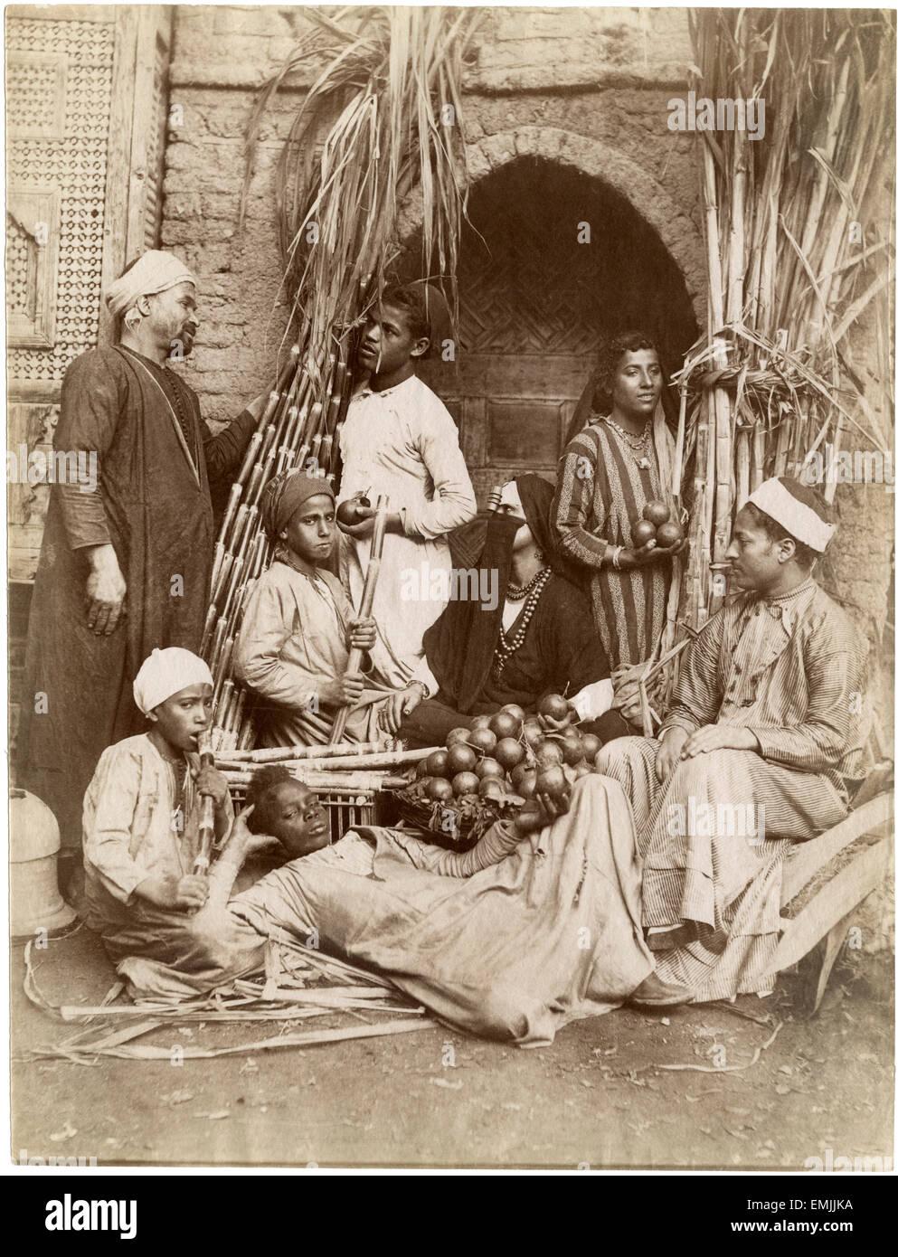Group of People in Front of Market, Egypt, Albumen Print, circa 1880 Stock Photo