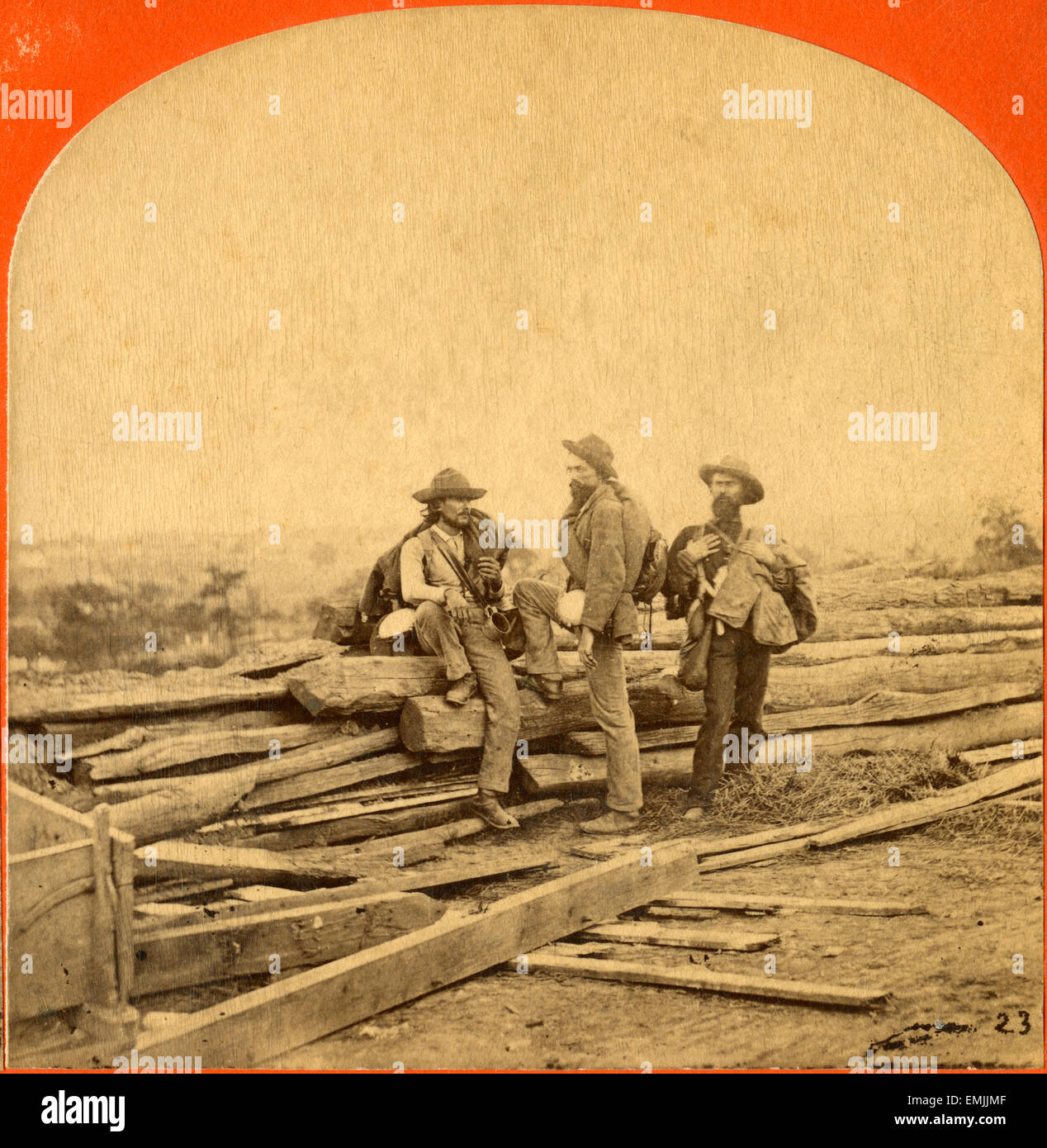 “Three ‘Johnnie Reb’ Prisoners.” Captured Confederate Soldiers, Gettysburg, Pennsylvania, USA, Single Image of Stereo Card, Circa 1863 Stock Photo