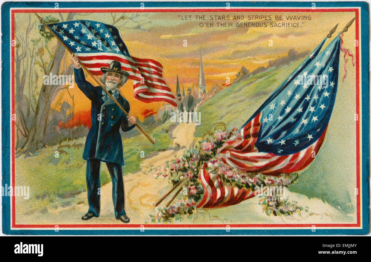 “Let the Stars and Stripes be Waving O’er Their Generous Sacrifice.”, American Civil War, Raphael Tuck & Sons ‘Decoration Day’ Series, No. 158, Postcard, circa 1909 Stock Photo