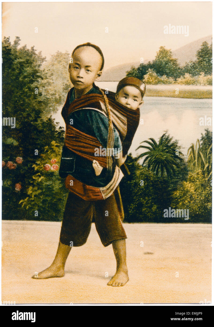 Child carrying Infant, China, Hand-Colored Postcard, circa 1900 Stock Photo