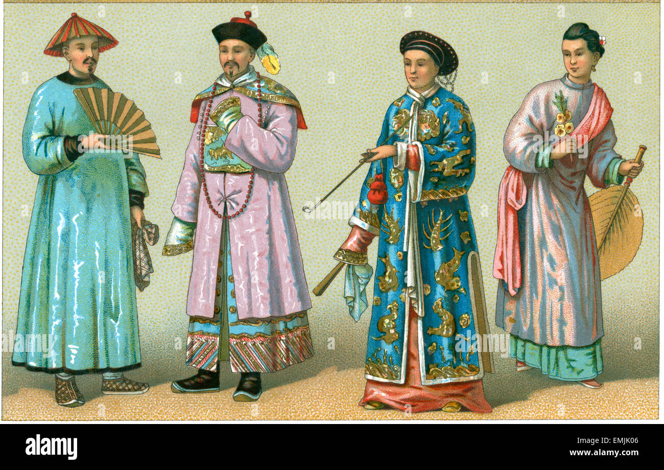 Mandarin official (2nd left), Mandarin Women, China, Chromolithograph, circa 1820 Stock Photo