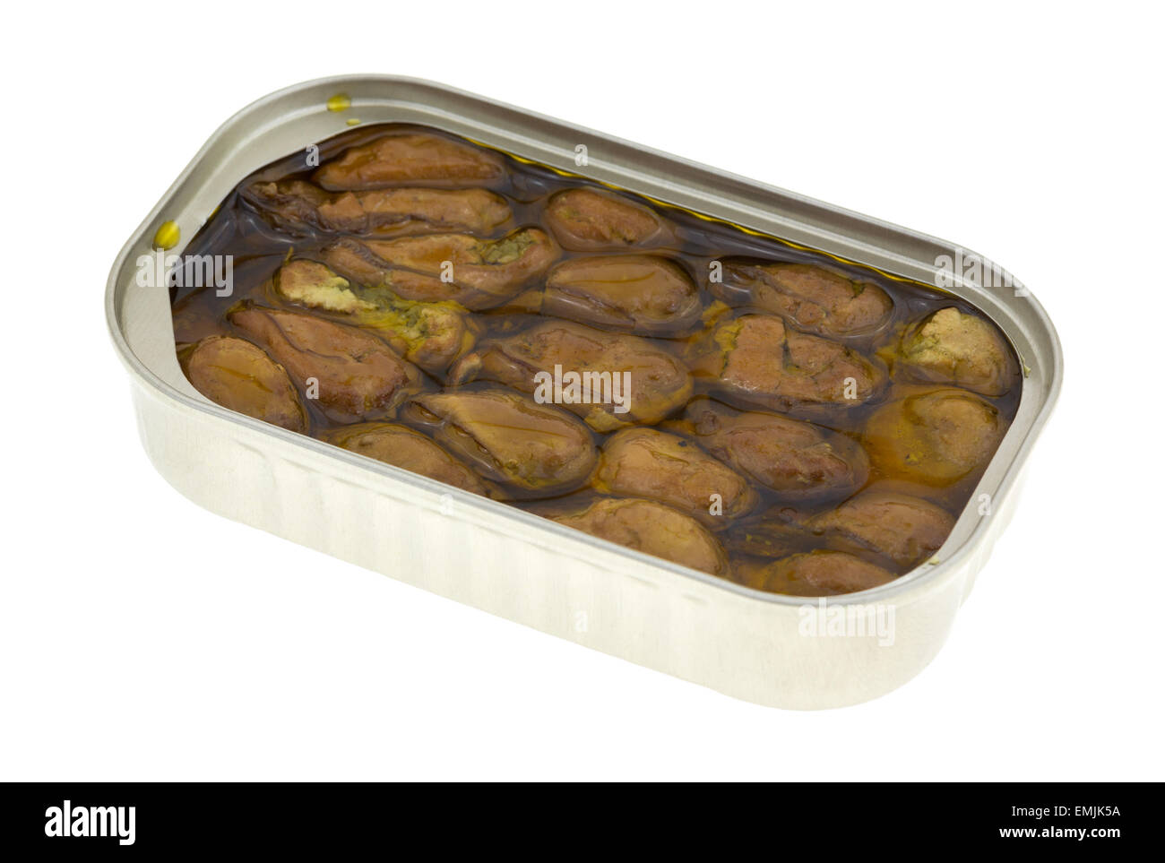 An opened tin of whole smoked small oysters in cottonseed oil isolated on a white background. Stock Photo