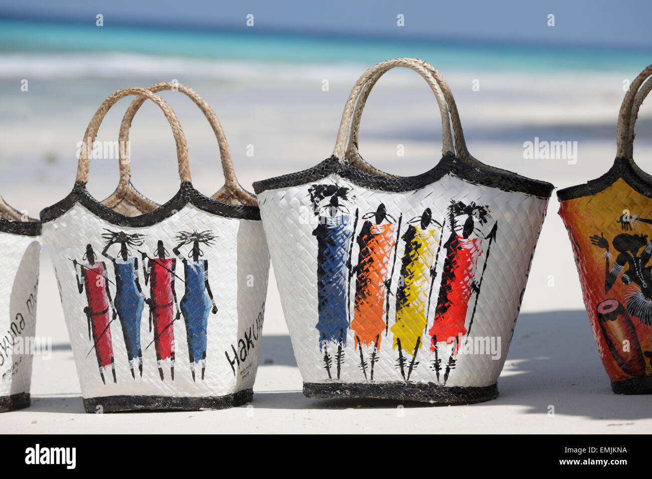Handwoven baskets on the beach of Zanzibar Stock Photo