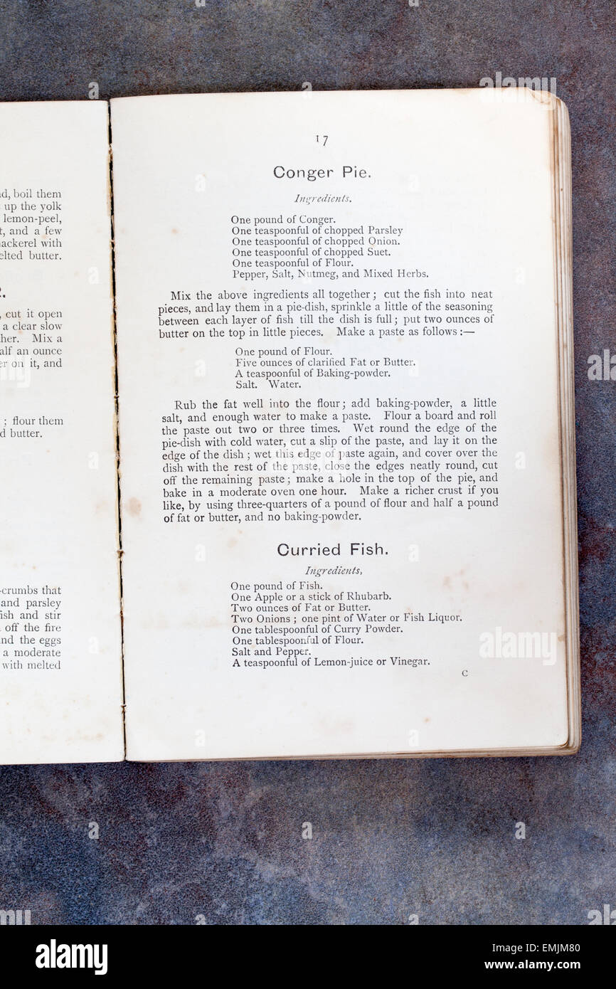 Conger Eel Pie and Curried Fish Recipes from Plain Cookery Recipes Book by Mrs Charles Clarke for the National Training School Stock Photo