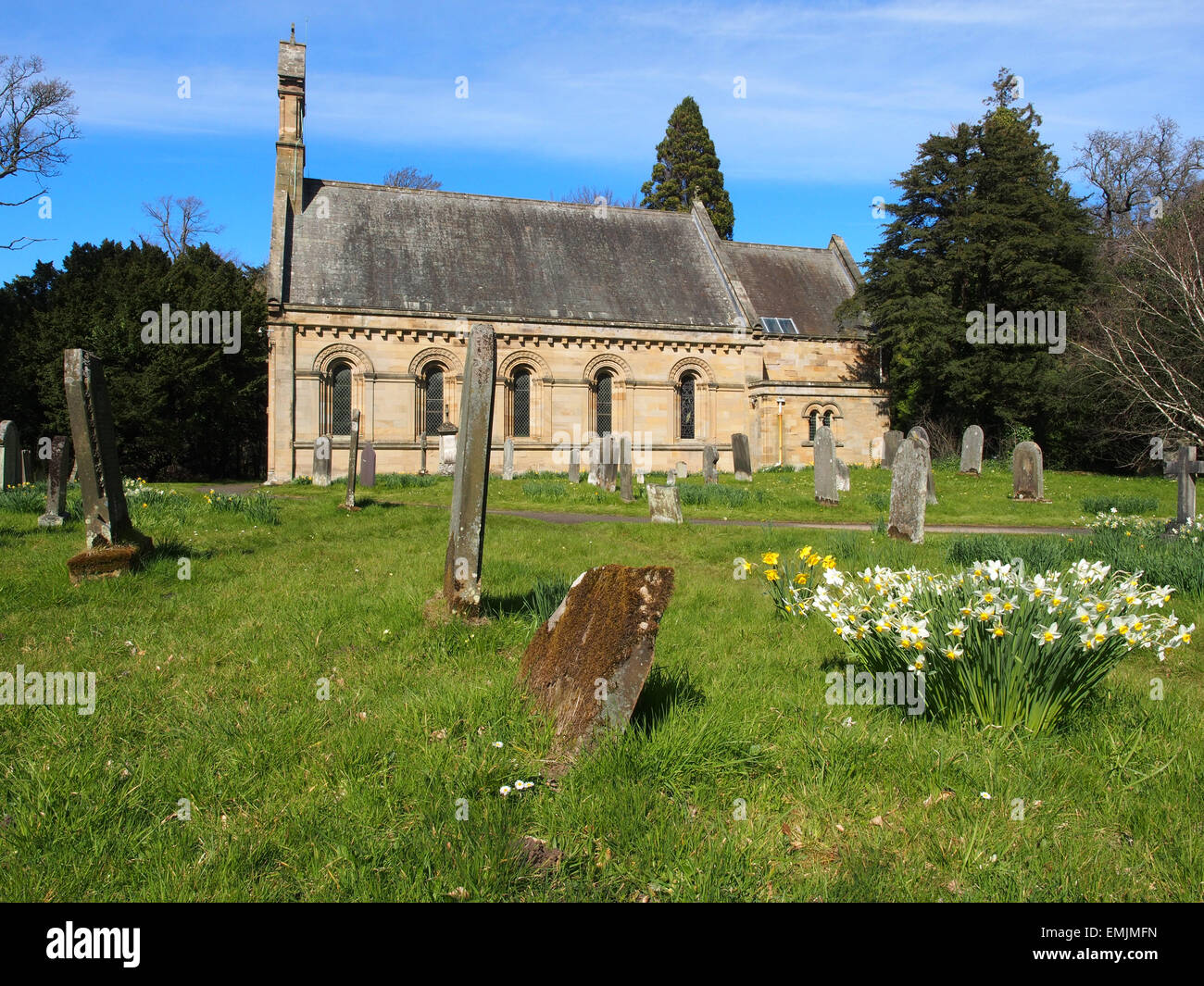 Church and graveyard in the gardens of Howick Hall, Northumberland, England. Stock Photo