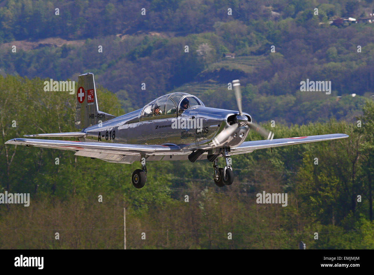 Locarno,Switzerland,April 21st 2015: Swiss Air Force Pilatus P3 Flyers Aerobatic Team attend a training session. April 21, 2015 Stock Photo