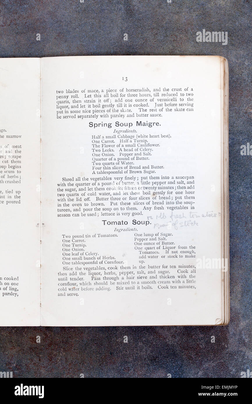Recipes from Plain Cookery Recipes Book by Mrs Charles Clarke for the National Training School Stock Photo