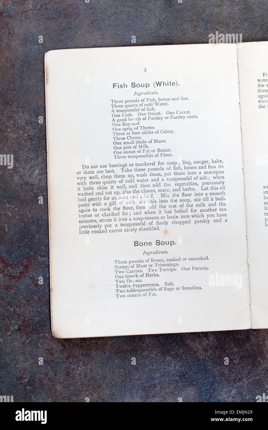 Fish Soup and Bone Soup - Recipes from Plain Cookery Recipes Book by Mrs Charles Clarke for the National Training School Stock Photo