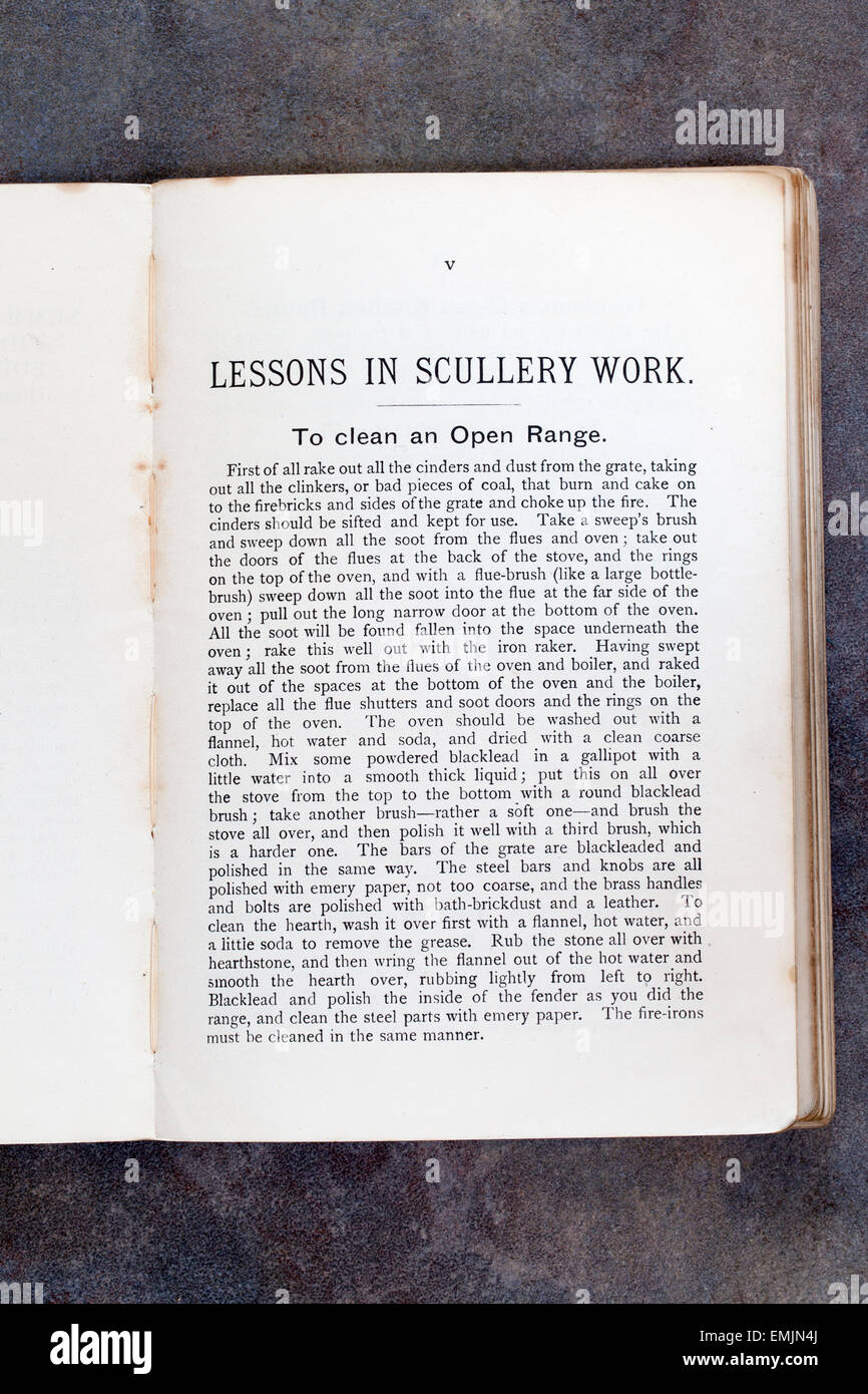 Lessons in Scullery Work - To Clean an Open Range - from Plain Cookery Recipes Book by Mrs Charles Clarke for the Nationa Stock Photo