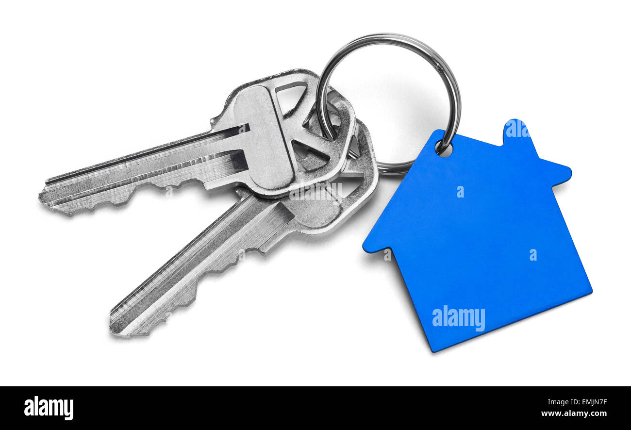 Set of Keys With Blue House Isolated on White Background. Stock Photo