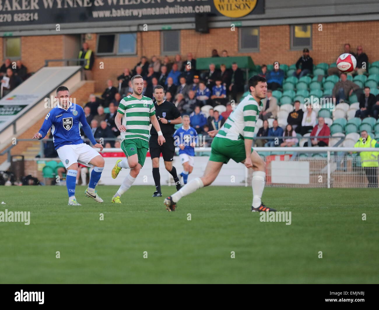 Nantwich, UK. 21st April, 2015. Macclesfield Town's Waide Fairhurst slots home to make it 1-0 to Macclesfield in the Cheshire Senior Cup Final at Nantwich Town. Credit:  Simon Newbury / Alamy Live News Stock Photo