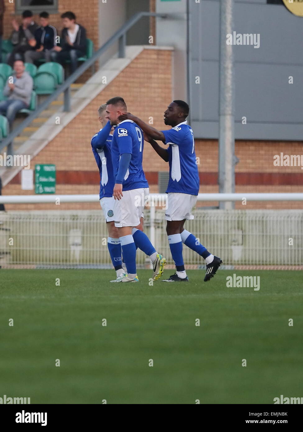 Nantwich, UK. 21st April, 2015. Macclesfield Town's Waide Fairhurstcelebrates the opening goal in the Cheshire Senior Cup Final at Nantwich Town. Credit:  Simon Newbury / Alamy Live News Stock Photo