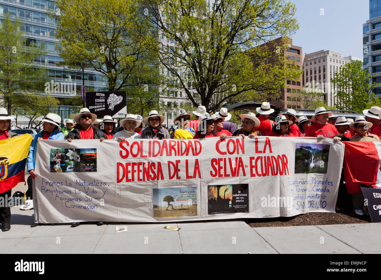 Tuesday, April 21, 2015, Washington, DC: Ecuadorean-Americans and Amazonian community members protest against Chevron 's Arbitration Tribunal hearings, demanding full responsibility for the alleged damage to the Amazonian environment and its inhabitants. Credit:  B Christopher/Alamy Live News Stock Photo