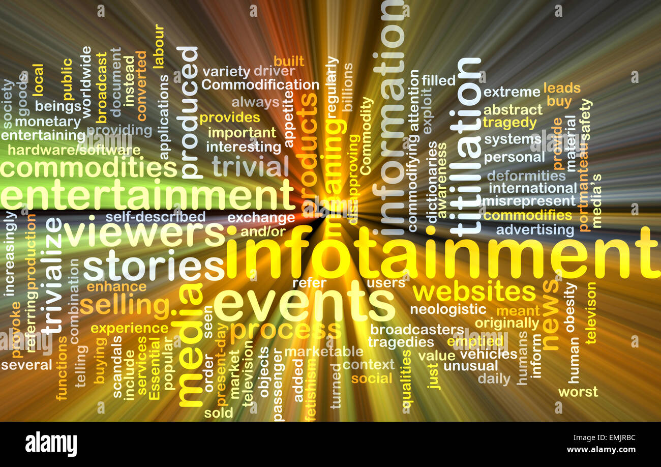 Background text pattern concept wordcloud illustration of infotainment glowing light Stock Photo