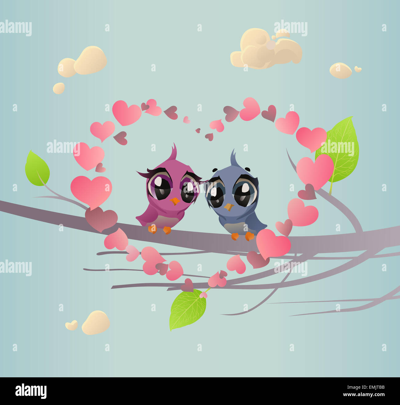 The illustration of Pair of Bird against Love Background (Romantic Spring Card) Stock Photo