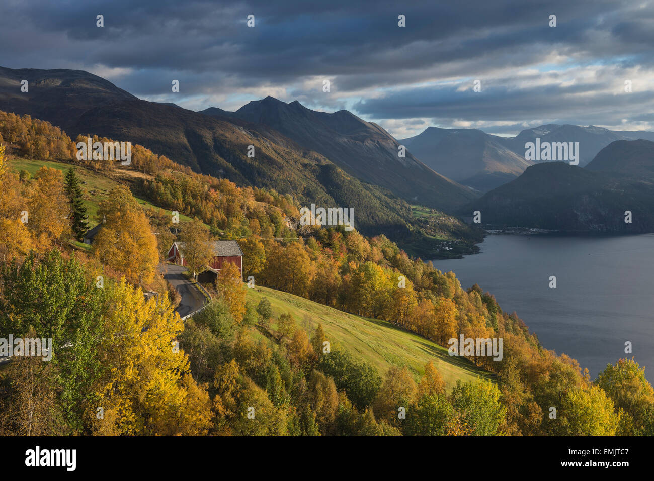 Scenic hillside farm in autumn above Norddalsfjord, Kilsti, Møre og Romsdal, Norway Stock Photo