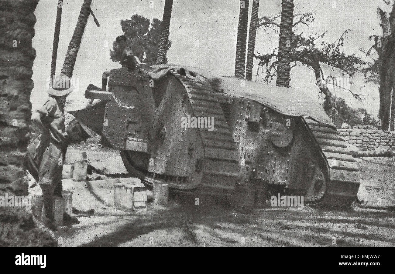 A Modern Ship of the Desert - A tank moving among the palm trees, during the British campaign in the east during World War I Stock Photo