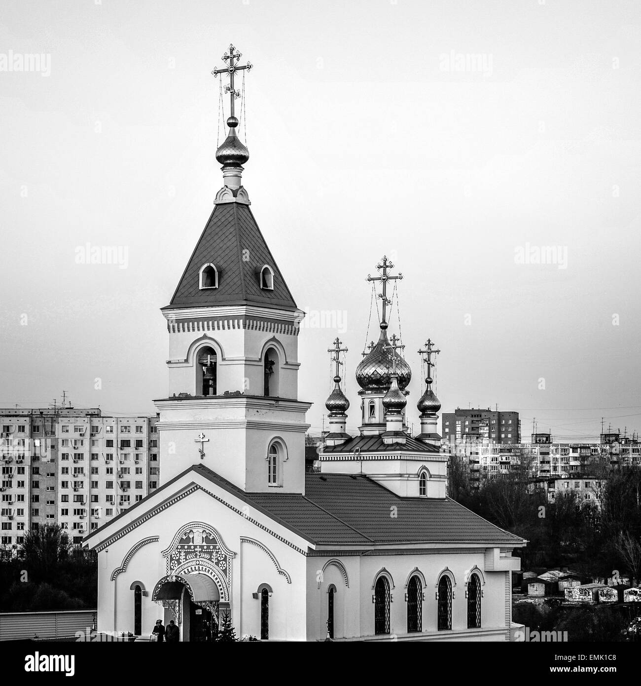 Rostov- on-Don. St. Iver convent. Church of the Iberian Icon of the Mother of God . The evening sun gilded walls of the temple . Stock Photo
