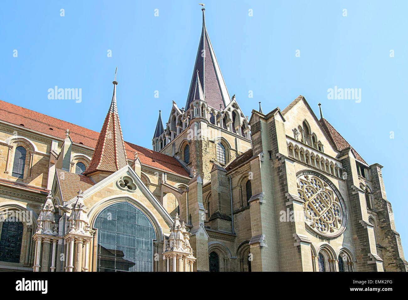 Lausanne Cathedral (Notre Dame) in summertime street view Stock Photo