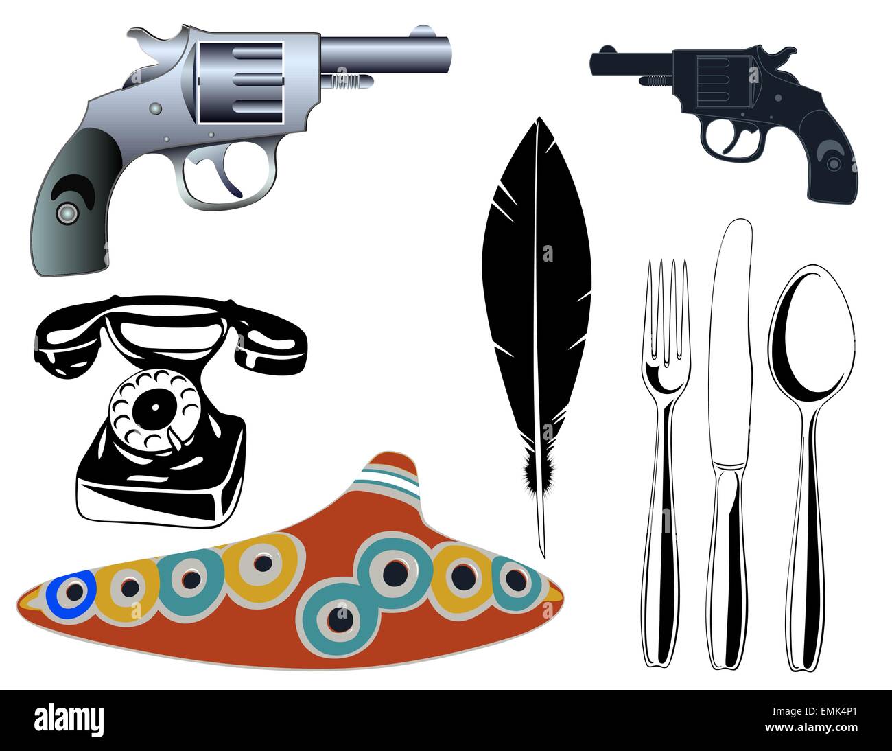 Vector illustration of the various objects - guns, musical instrument, old telephone, knife, fork and spoon, quill. Stock Vector