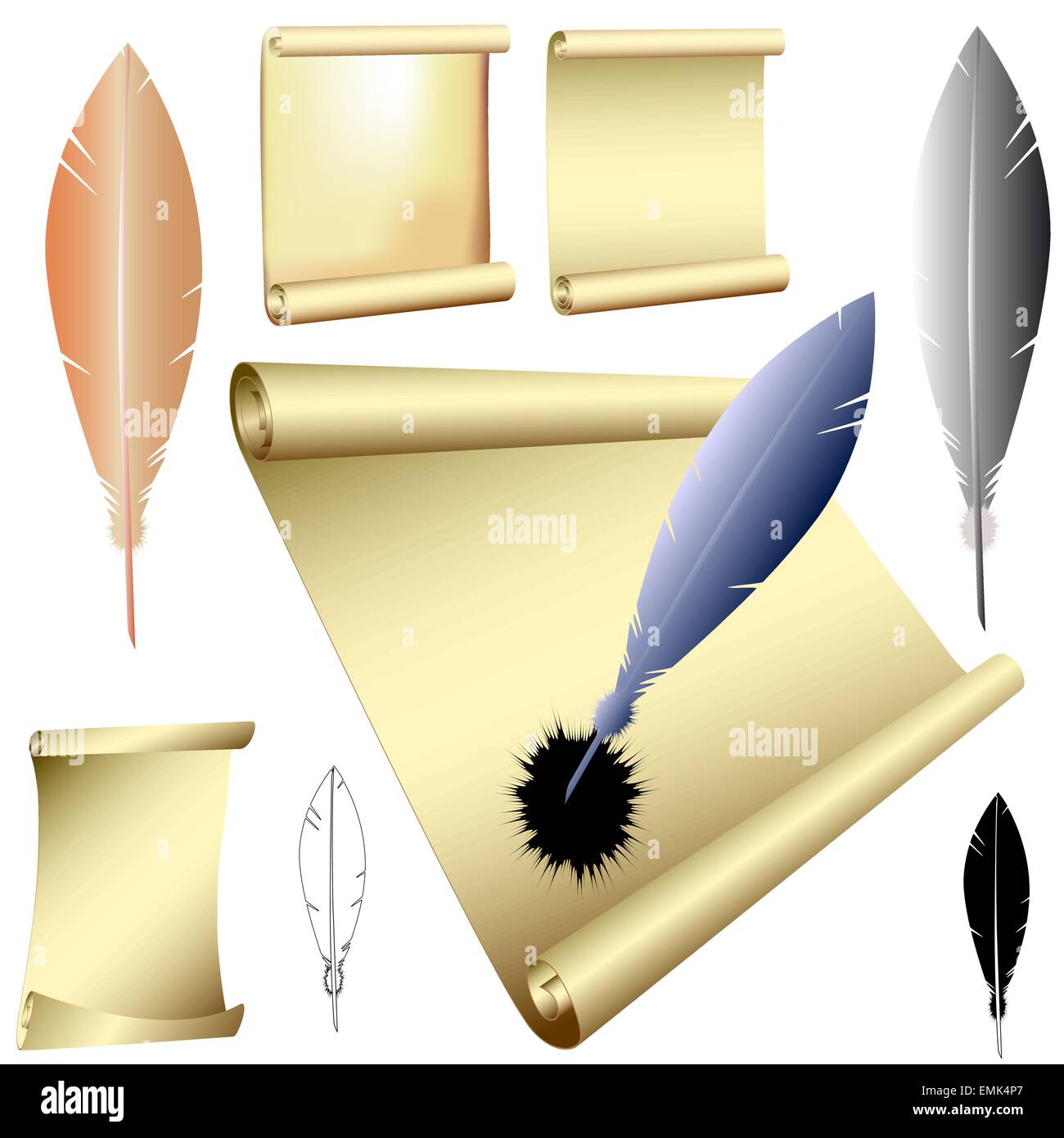 Vector illustration of the various quills and scrolls Stock Vector