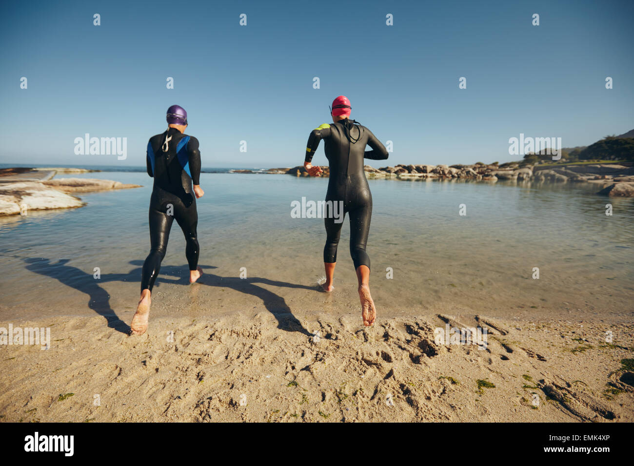 Rear view of participants wearing wetsuits running into the water for start of a triathlon race. Triathletes practicing. Stock Photo