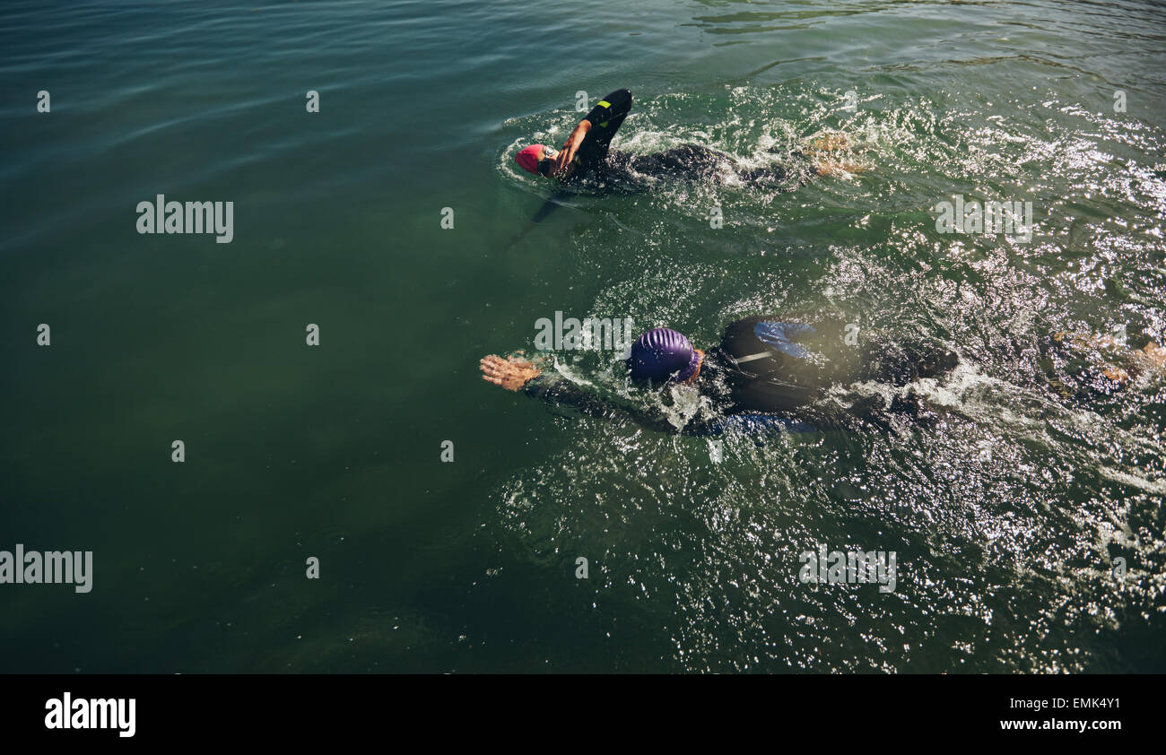 Top view of athletes practicing swimming for triathlon race. Triathlon training in open water. Stock Photo