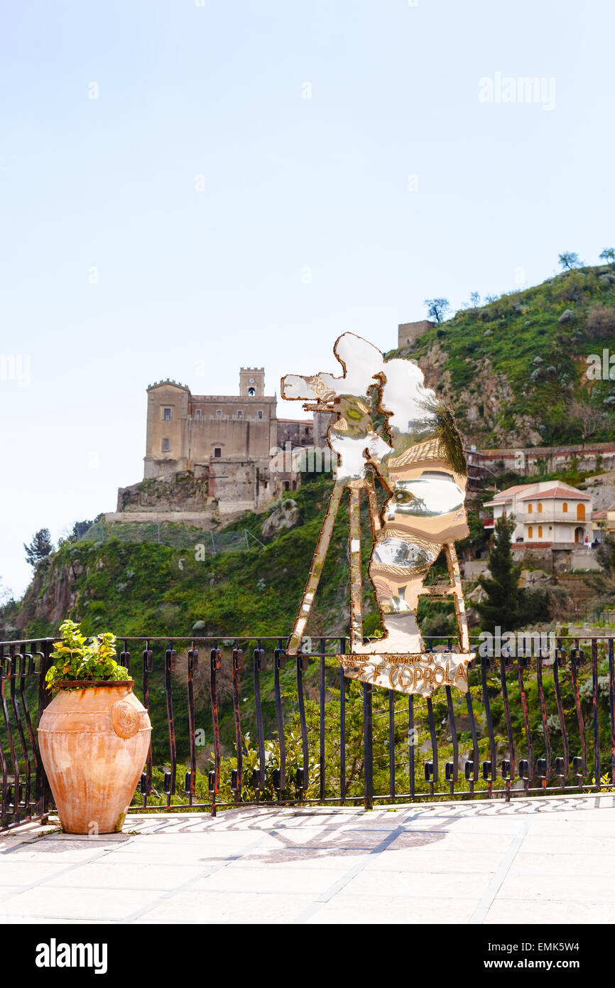SAVOCA, ITALY - APRIL 4, 2015: Statue of Francis Ford Coppola created by Nino Ucchino - a local artist. The town Savoca was loca Stock Photo