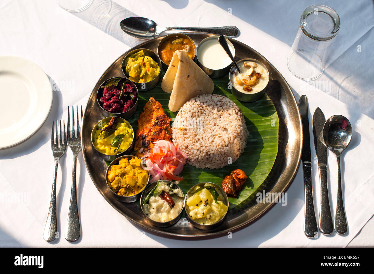 South Indian Thali, gourmet restaurant Malabar Junction, Boutique Hotel Malabar House, Fort Kochi, Kerala, India Stock Photo