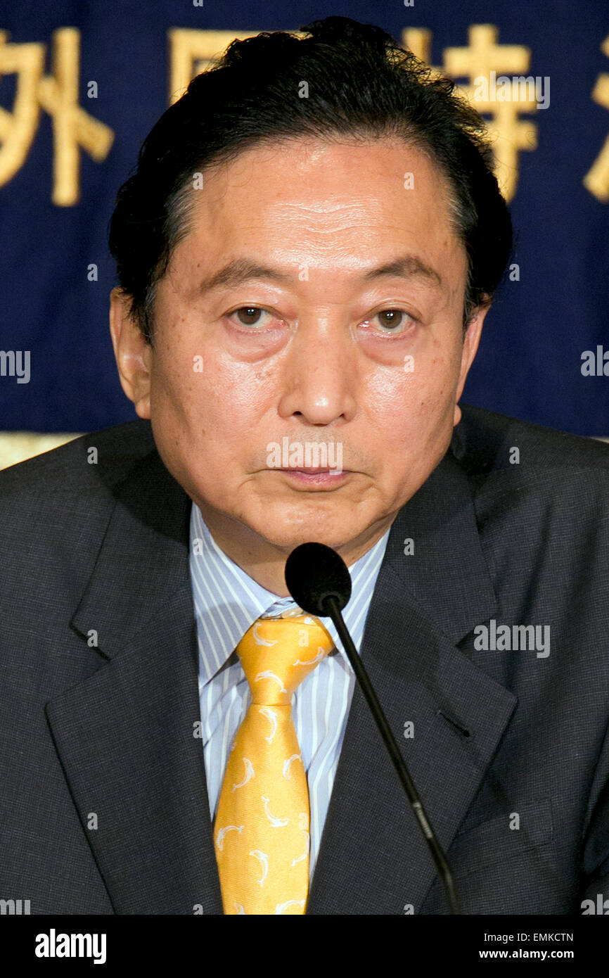 Tokyo, Japan. 22nd Apr, 2015. Yukio Hatoyama, Former Prime Minister of Japan speaks during a press conference at the Foreign Correspondents' Club of Japan on April 22, 2015, Tokyo, Japan. Hatoyama, now leader of the East Asia Community Institute spoke about his visit to Crimea, and criticized Prime Minister Shinzo Abe's dealings with Russia saying that the U.S. government had too much influence on Japanese domestic and international issues. In March 10, Hatoyama defended the legality of Russia's annexation of Crimea whilst criticizing the U.S. - Japan alliance when meeting the Crimean leader S Stock Photo
