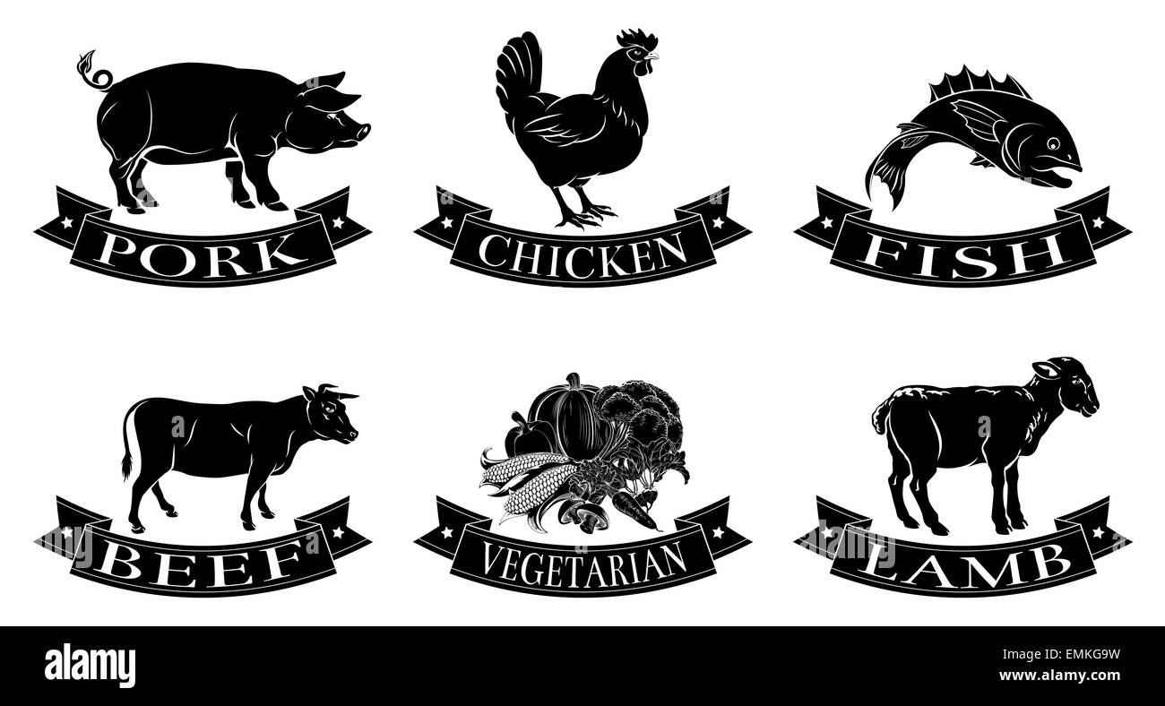 A set of food icons, packaging labels or menu illustrations for beef chicken fish pork lamb and vegetarian options Stock Photo