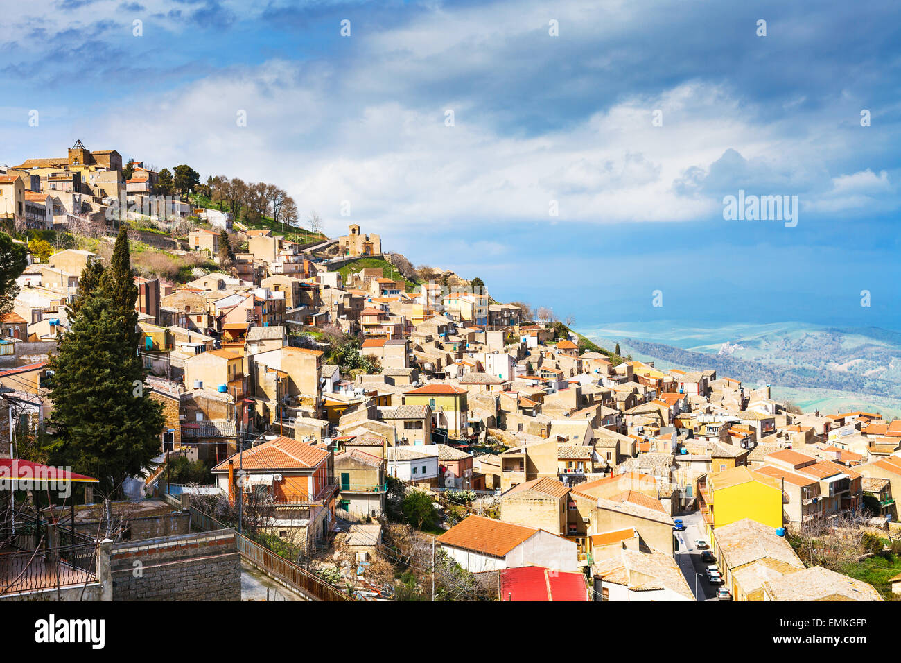 panorama of Aidone town in Sicily in spring, Italy Stock Photo