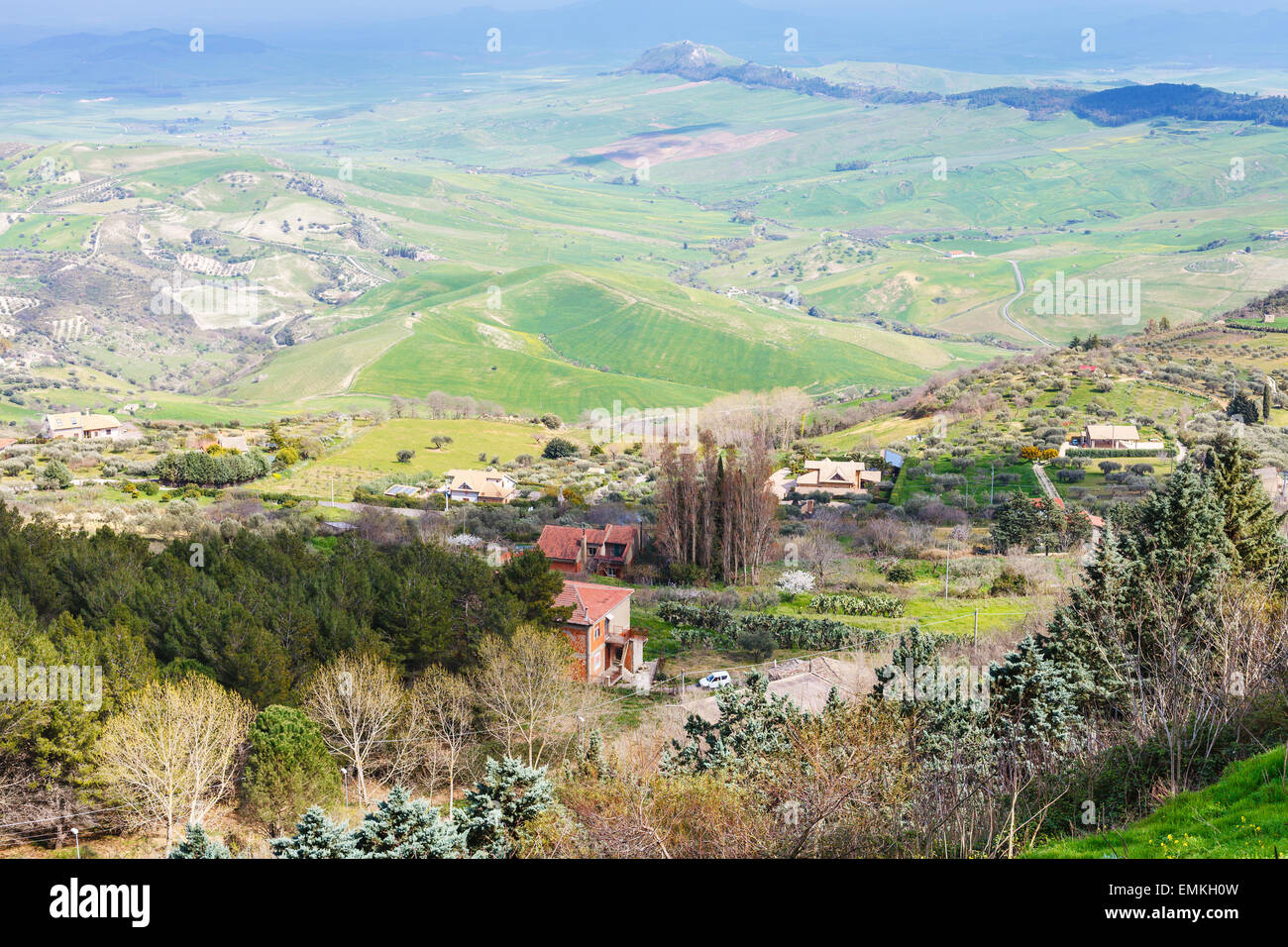 outskirts of Aidone town in green sicilian hills in spring, Italy Stock Photo