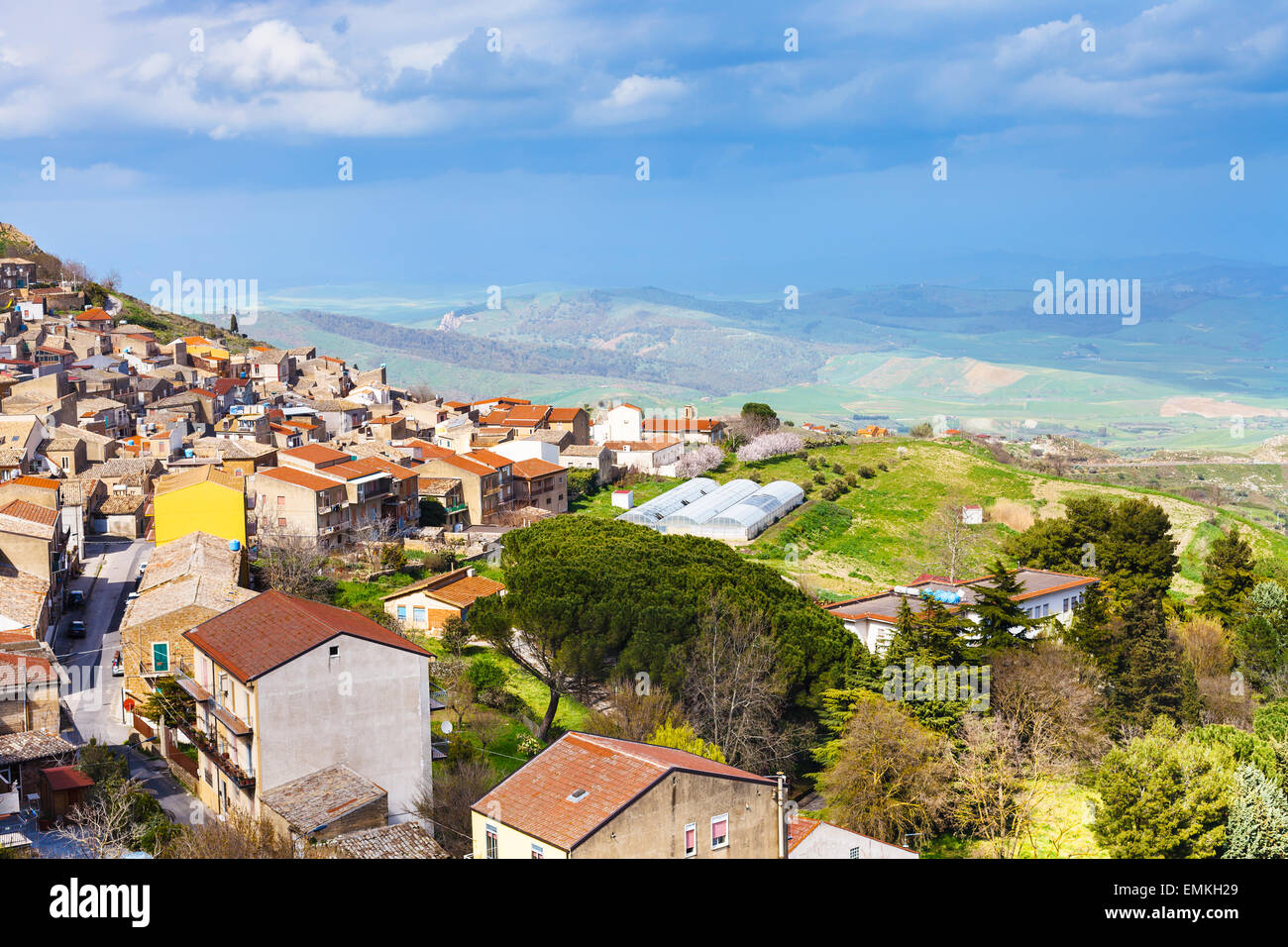 above view of Aidone town in Sicily in spring, Italy Stock Photo