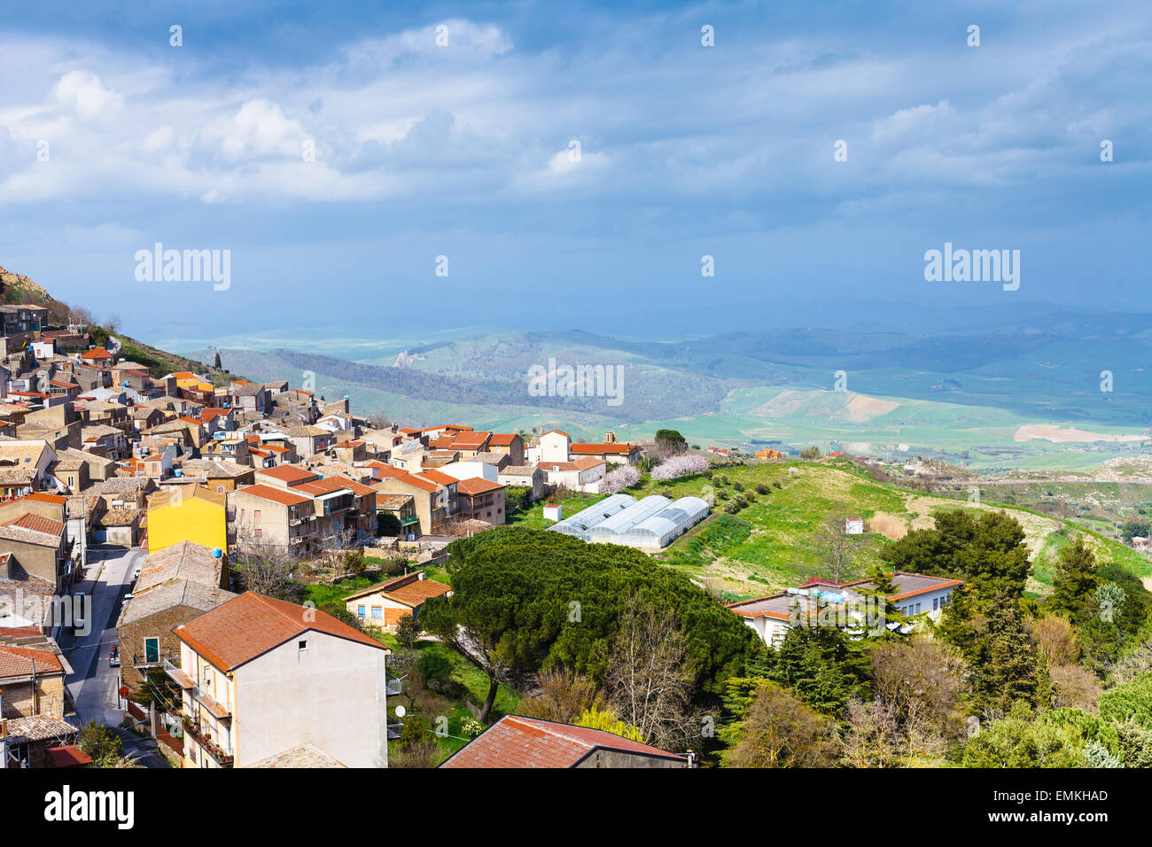 above view of Aidone comune in Sicily in spring, Italy Stock Photo