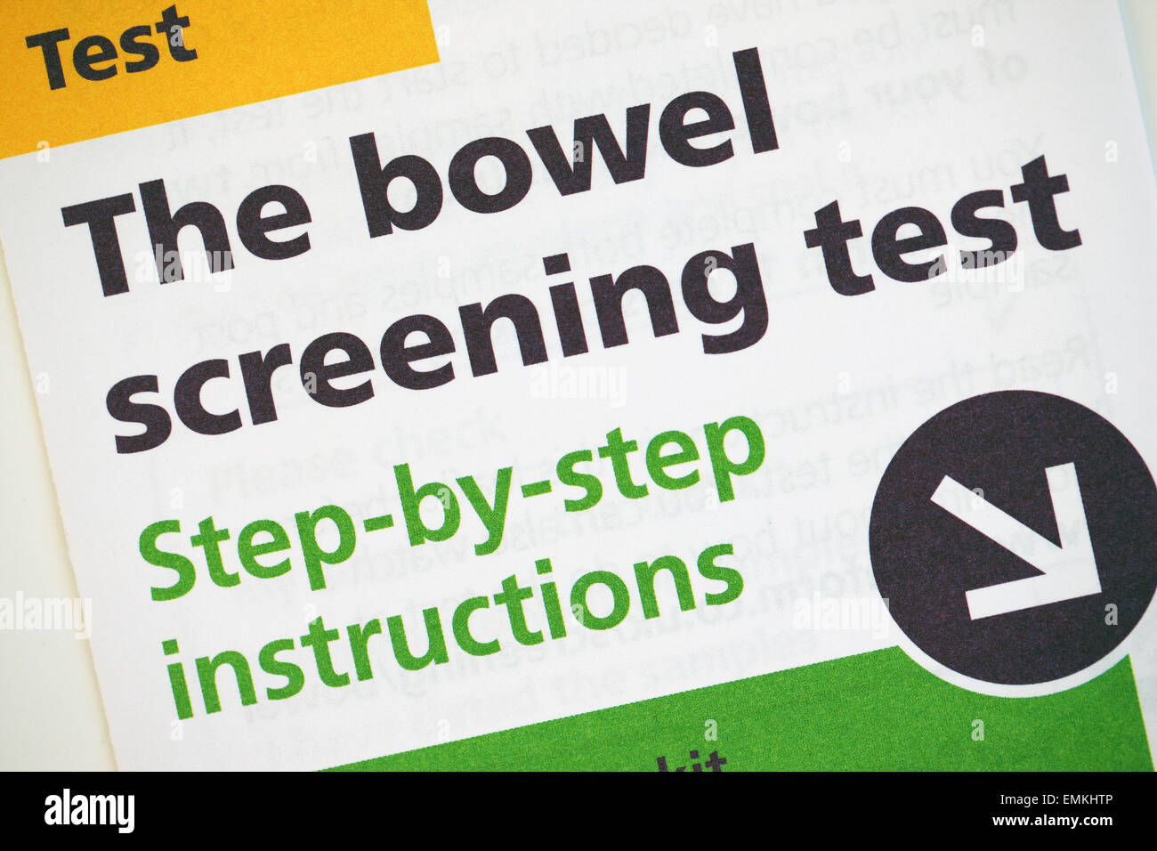 Leaflet advising how to under take the bowel cancer screening test. Stock Photo