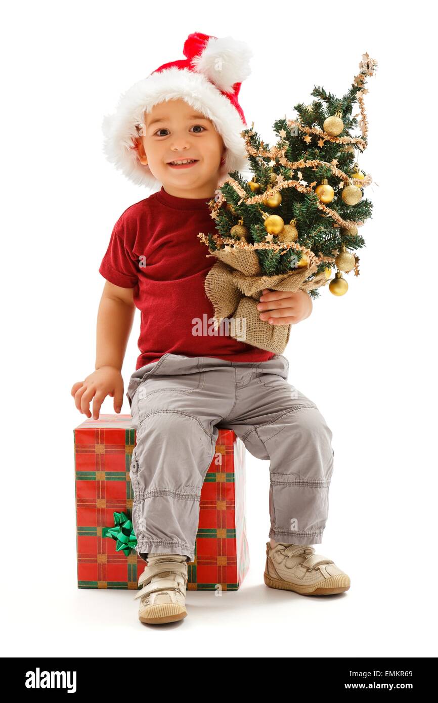 Happy little boy wearing Santa hat, sitting on big present box and holding small, decorated Christmas tree Stock Photo