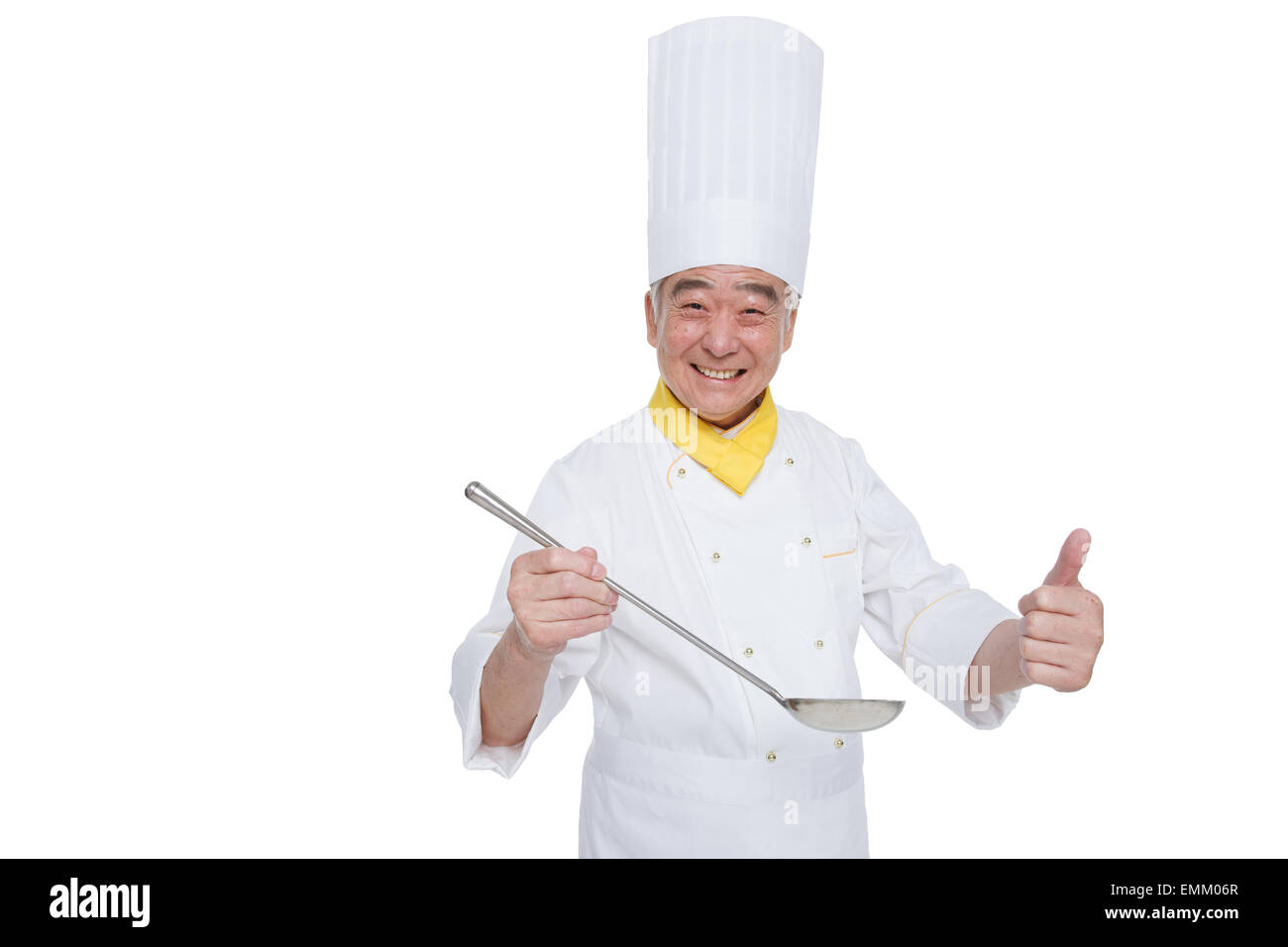 The old man wearing chef clothing thumbs up Stock Photo