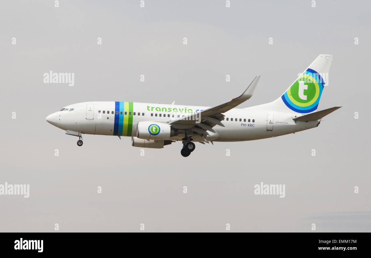 A Transavia Boeing 737 approaching to the El Prat Airport in Barcelona, Spain. Stock Photo