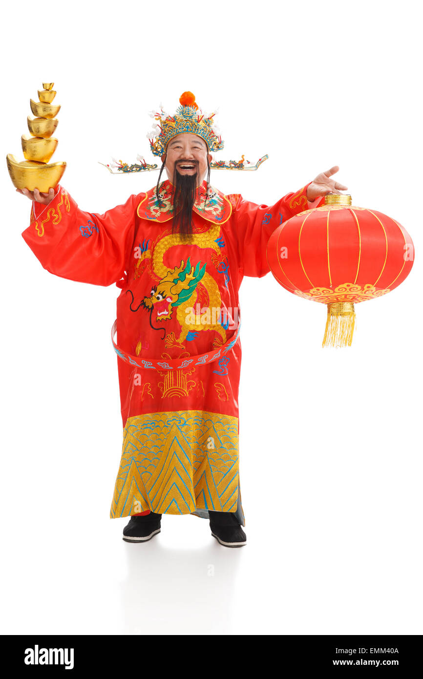 The God of wealth with gold and red lanterns Stock Photo