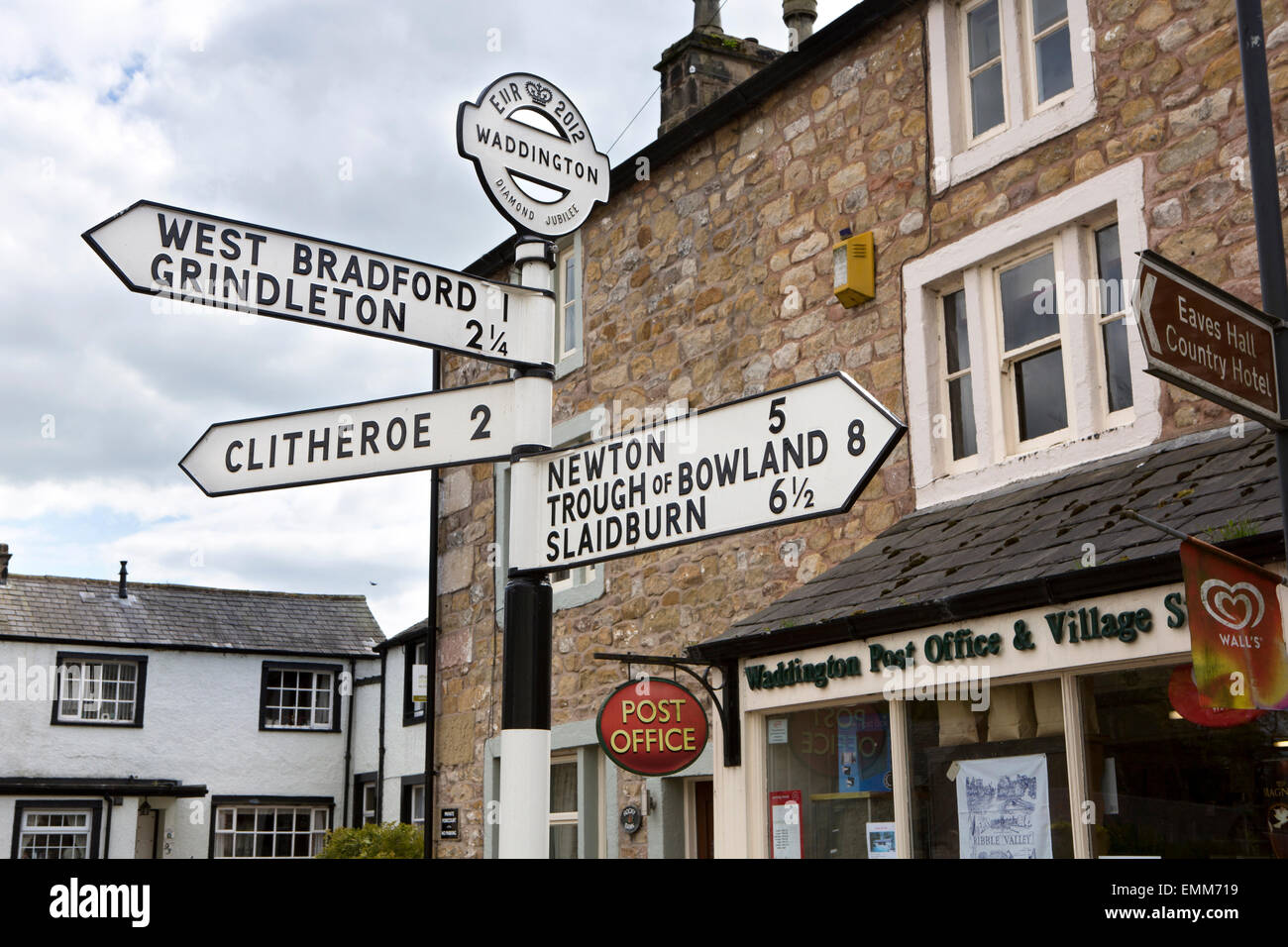 UK, England, Lancashire, Ribble Valley, Waddington, Diamond Jubilee Road sign outside Post Office Stock Photo