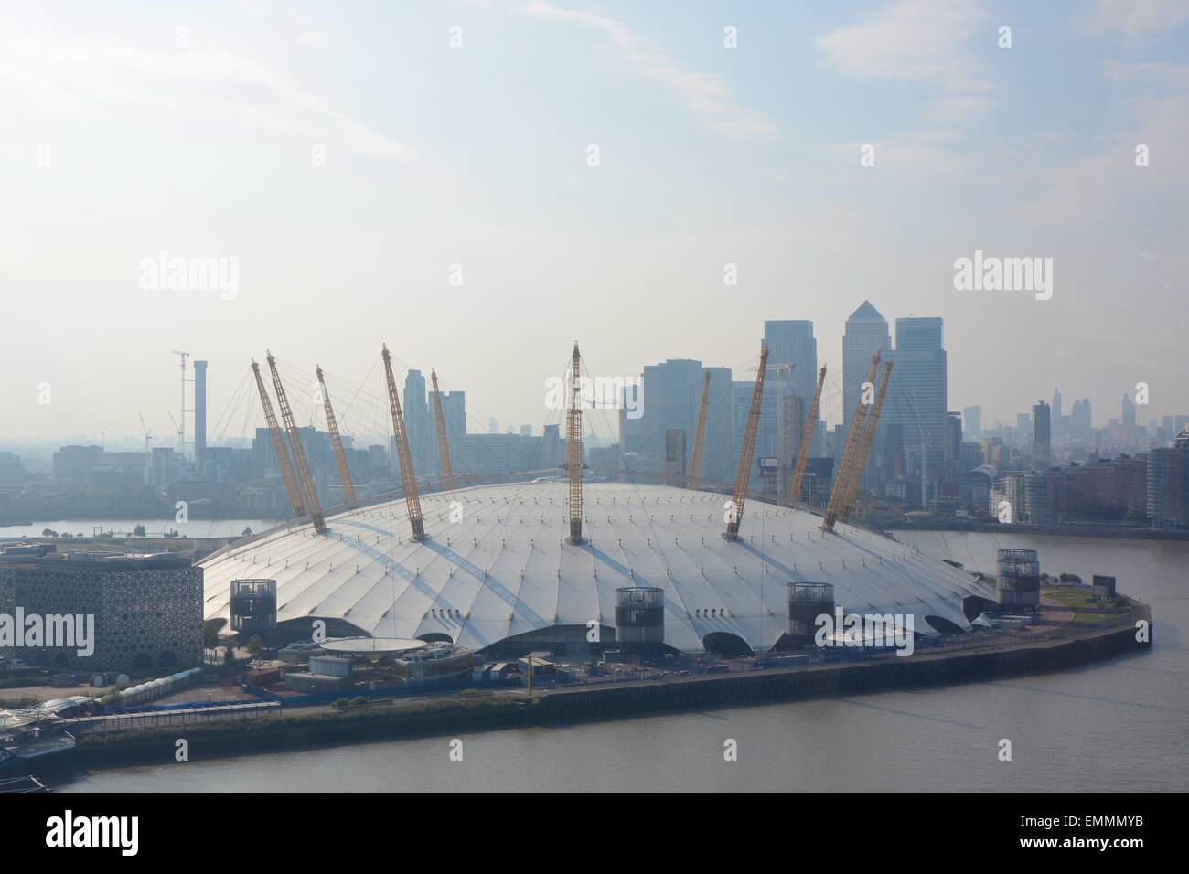 The O2 Arena on the Greenwich Peninsular at Dockland, London, England. Slightly hazy. Stock Photo