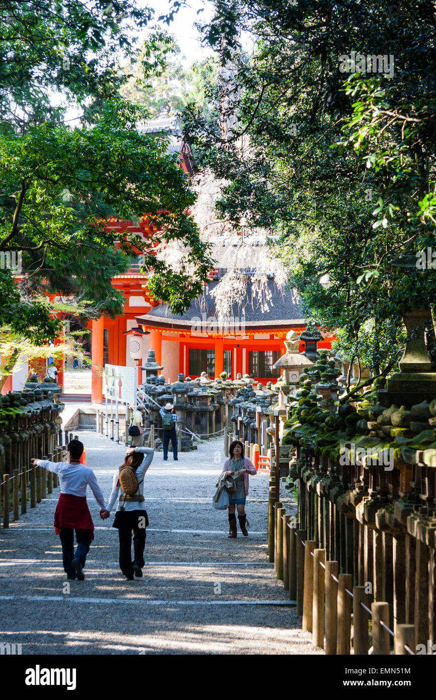 Tourists wandering along tree-lined Oaimichi Lane past row of stone lanterns on either side and Kasuga-Taisha vermilion shrine building in background. Stock Photo