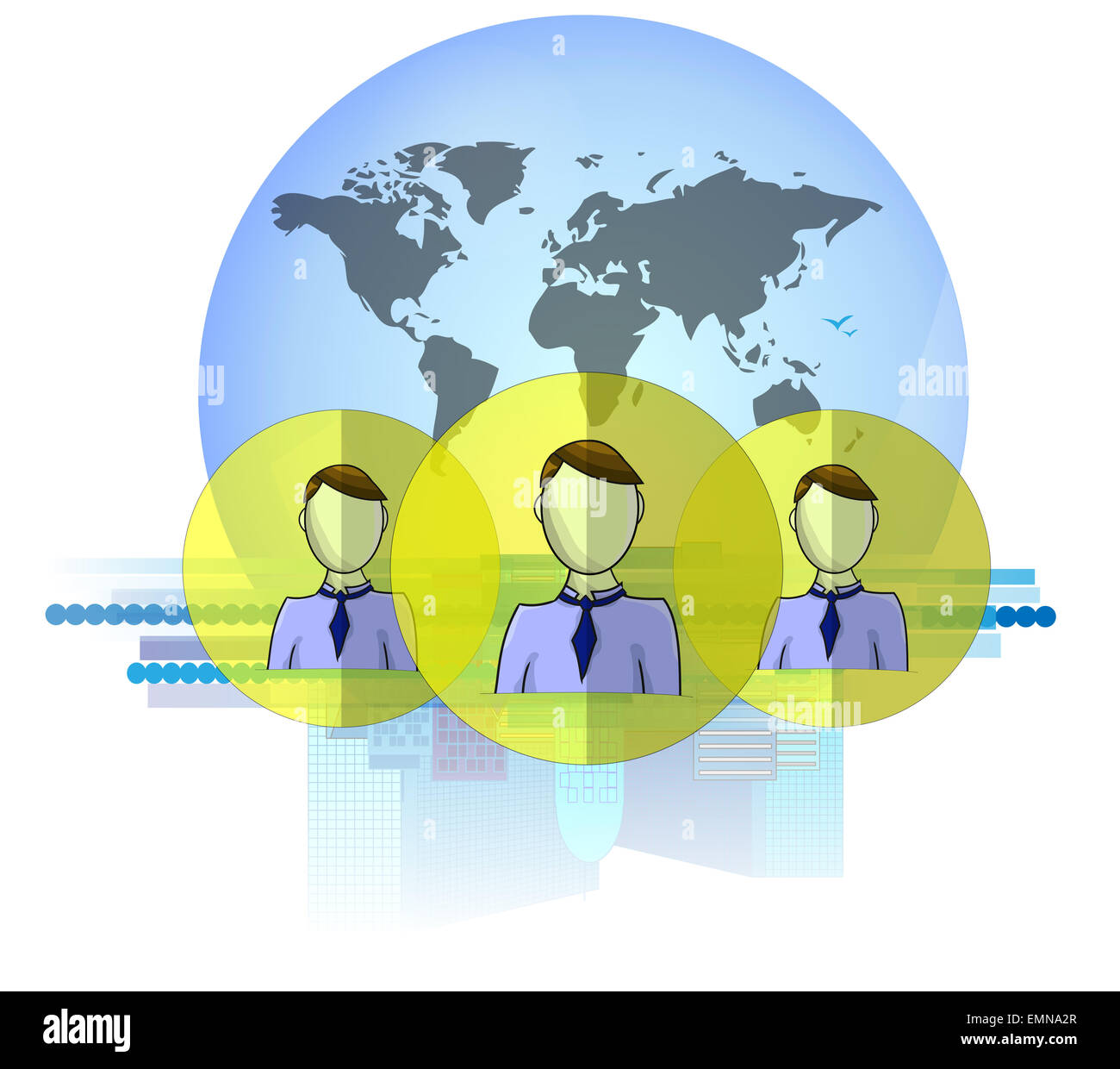 Illustration of social media heads with international business background isolated on white background Stock Photo