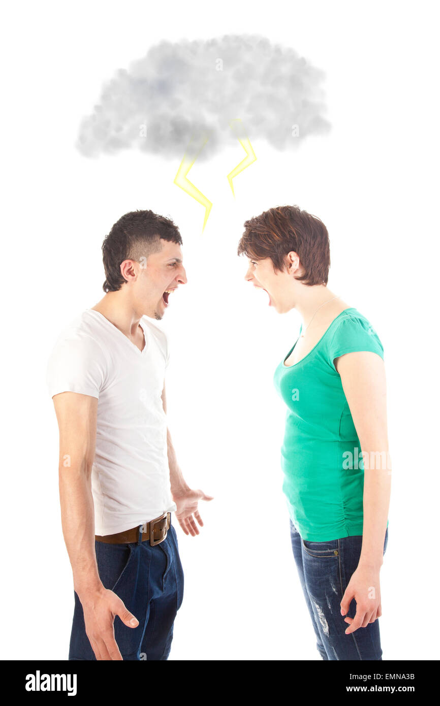 Young couple fighting with dark cloud and thunder isolated on white background Stock Photo
