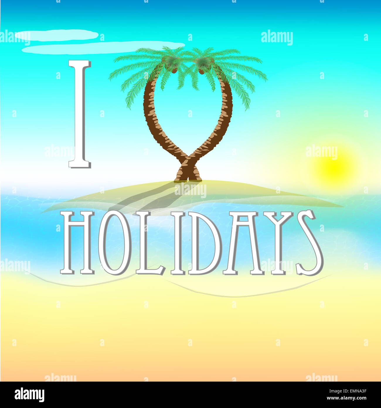 Illustration of hollidays on beach with love palm trees and sun Stock Photo