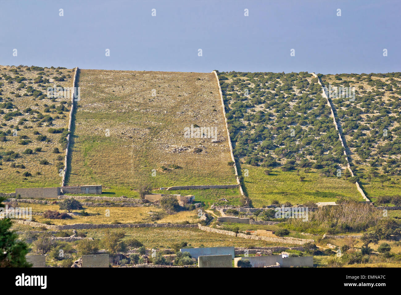 Walls of Pag island stone desert, traditional architecture of Croatia Stock Photo