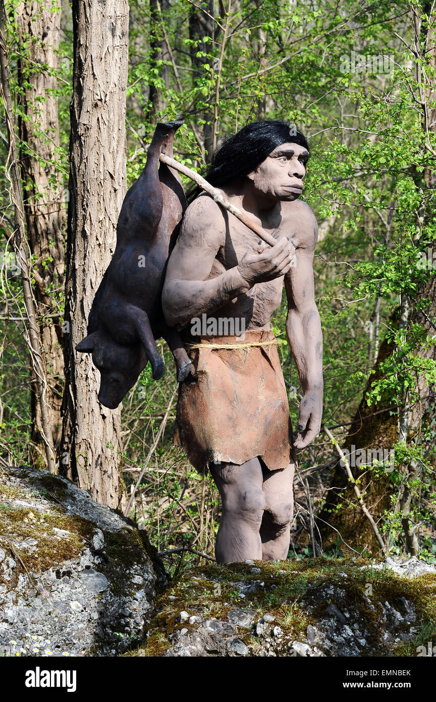 Model of Neanderthal Hunter Stock Photo