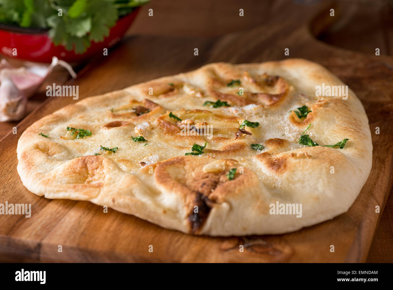 A delicious homemade garlic naan flatbread with garlic butter and